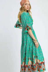 Umgee Printed Smocked Waist Flounce Sleeve Midi Dress OutfitFlow